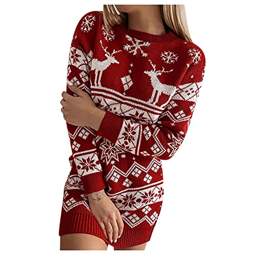 PAIDAXING Strickpullover Damen Weihnachtspullover Rentiermuster Pulloverkleider Mini Kleid Christmas Reindeer Longpullover Winterpullover Sexy Sweater Weihnachtspulli von PAIDAXING