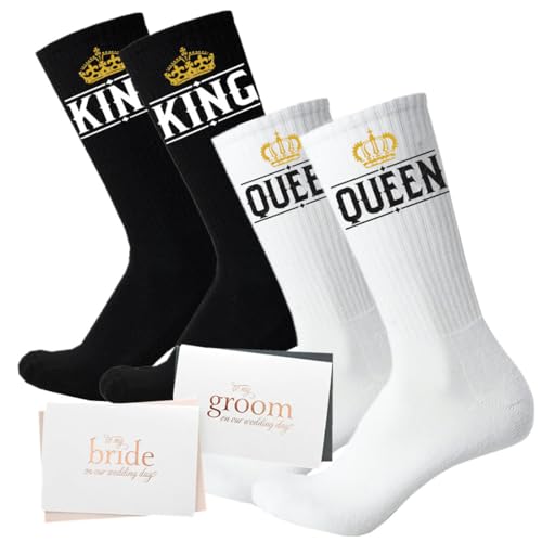 PAIXUN Socken für Damen und Herren, Hochzeitsgeschenke für Paare, Geschenke zur Verlobung für Sie und Ihn, lustige Socken, 2 Paare (König + Königin), Einheitsgröße von PAIXUN