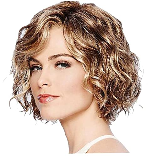 Short Curly Light Brown Wigs for Women Girls, 11 Inch Synthetic Daily Party Cosplay L Part Wig with Side Parting Wavy Hair Wigs von PAKEY