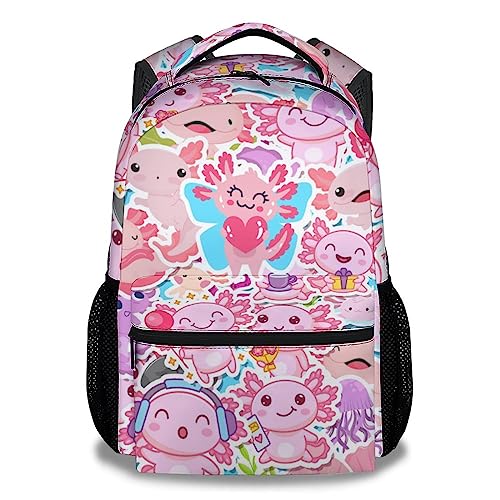 PAKKITOP Axolotl Rucksack für Kinder, Mädchen, 40,6 cm, Kawaii-Rucksack für Schule, rosa Druck, große Kapazität, leichte Büchertasche für Schüler im Alter von 6–8 Jahren von PAKKITOP