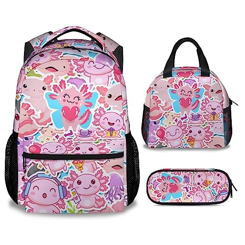 PAKKITOP Axolotl Rucksack mit Lunchbox und Federmäppchen-Set, 3-in-1 passende Kinder Mädchen Alter 6–8 Jahre, rosa Rucksäcke, niedliche Schulbüchertasche und Federmäppchen Bundle von PAKKITOP