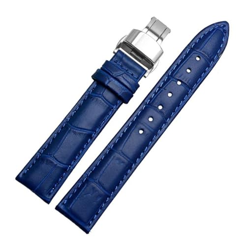 PAKMEZ Leder-Uhrband-Armband mit Schmetterlingsklasamme 12-24mm Leder Uhrenbänder, Blau Silber, 16mm von PAKMEZ