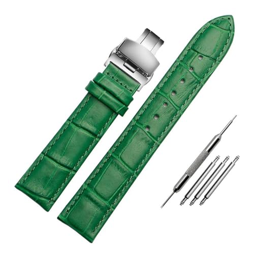PAKMEZ Lederhandgelenk Uhrengurt 12-18mm Schmetterling Schnalle Lederschachtband, Grün Silberfaltung, 14mm von PAKMEZ