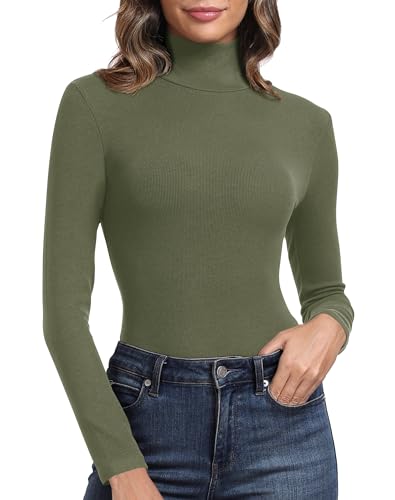 PALINDA Damen Gerippte Rollkragen Langarm Shirts Basic Slim Fit Thermal Layering Tops, OLIVEGREEN, Groß von PALINDA