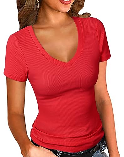 PALINDA Damen Kurzarm Geripptes Tailliertes Shirt Basic V-Ausschnitt Slim T Shirt Tops, Rot/Ausflug, einfarbig (Getaway Solids), Klein von PALINDA