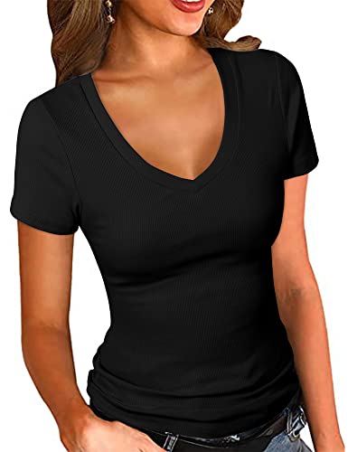 PALINDA Damen Kurzarm Geripptes Tailliertes Shirt Basic V-Ausschnitt Slim T Shirt Tops, Schwarz, X-Groß von PALINDA