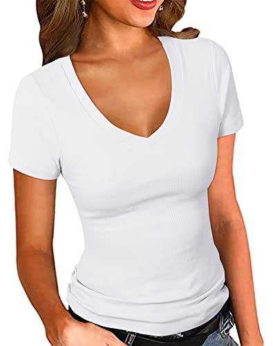 PALINDA Damen Kurzarm Geripptes Tailliertes Shirt Basic V-Ausschnitt Slim T Shirt Tops, Weiss/opulenter Garten, Groß von PALINDA