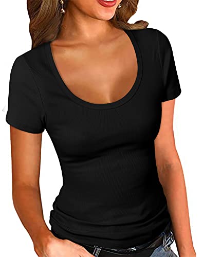 PALINDA Damen U-Ausschnitt Gerippt Tailliert Shirt Basic Kurzarm Sommer T-Shirt Tops, Schwarz, Mittel von PALINDA