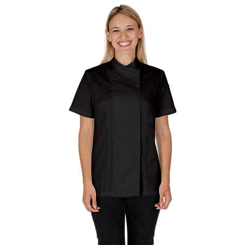 PALLTEX Nori Lady SS Kochjacke Damen Kurzarm Schwarz/Weiss/Grau Professional Chef Uniform Kochkleidung (Schwarz, 2XL) von PALLTEX