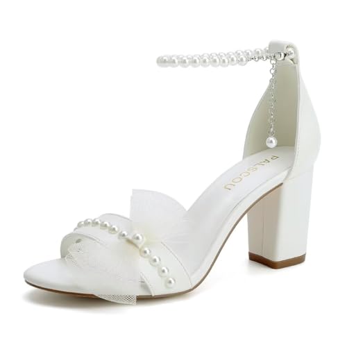 PALSCOU Blockabsatz Hochzeit Sandalen Brautschuhe Hochzeitsschuhe für Braut Perle Heels mit Schleife, Elfenbein, 39 EU von PALSCOU