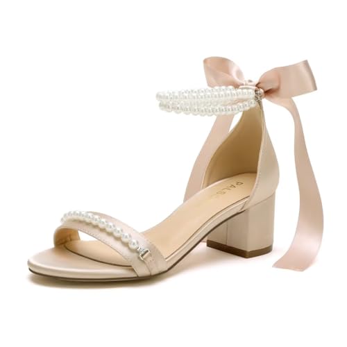 PALSCOU Blockabsatz Hochzeit Sandalen Perlen Verziert Knöchelriemen Niedriger Absatz Brautschuhe für Frauen Größe 36-41, Champagner, 36 EU von PALSCOU