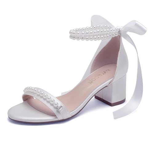 PALSCOU Blockabsatz Hochzeit Sandalen Perlen Verziert Knöchelriemen Niedriger Absatz Brautschuhe für Frauen Größe 36-41, Weiss/opulenter Garten, 41 EU von PALSCOU