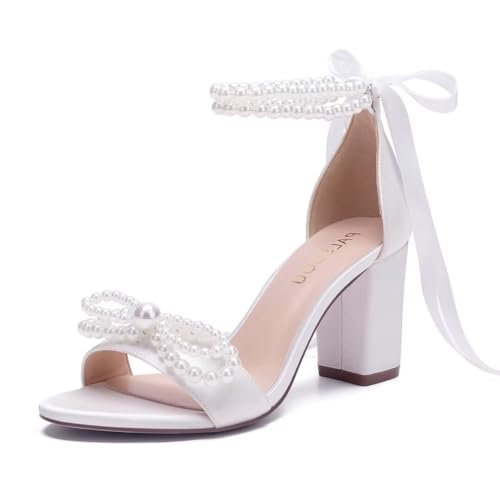 PALSCOU High Block Heel Wedding Sandals Pearl Heels with bow Open Toe Wedding Shoes for Bride, Weiss/opulenter Garten, 38.5 EU von PALSCOU