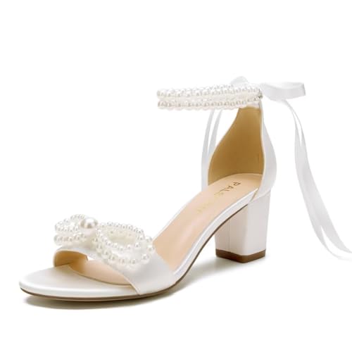 PALSCOU Pearl Heels Hochzeitsschuhe - Blockabsatz Brautsandalen mit offener Spitze und Schleife, Elfenbein, 39 EU von PALSCOU