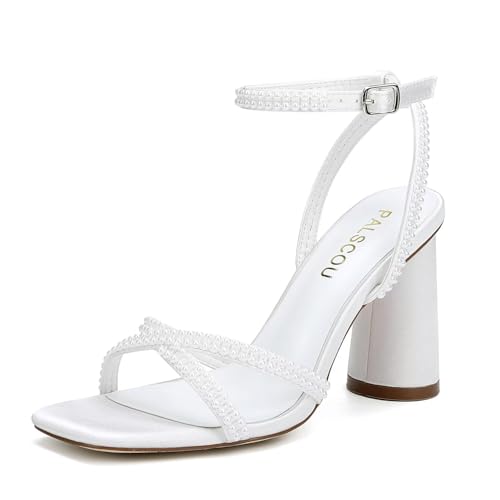 PALSCOU Pearl Heels Riemchen Brautschuhe Blockabsatz Hochzeitssandalen Offener Zehenbereich Hochzeitsschuhe für Braut, Elfenbein, 39.5 EU von PALSCOU