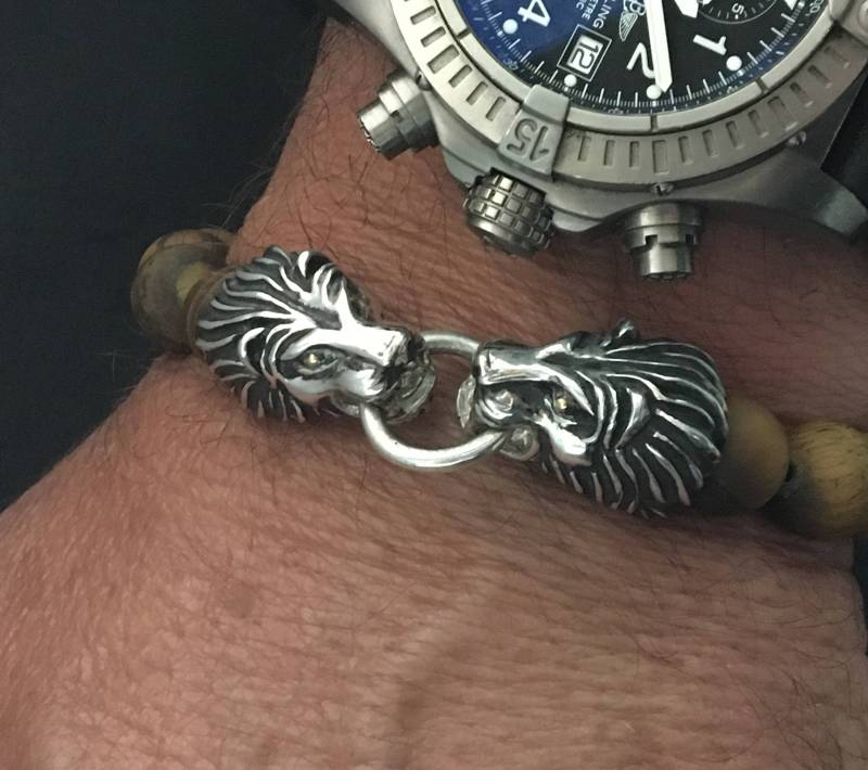 sterling Silber Löwenkopf Perlenarmband - Tigerauge Matt Perlen Armband Goldaugen Löwenköpfe -Handmade Geschenk Für Ihn von PAMANOVA