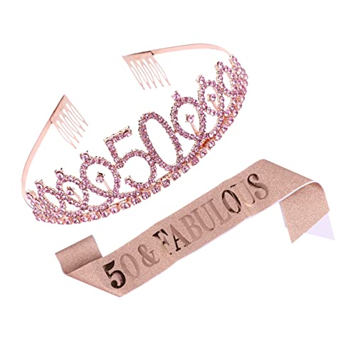 PAMINGONO Elegantes Roségold-schärpen-kronen-set mit Kristallen Haarkamm für Frauen Geburtstagsparty Etikette-gürtel von PAMINGONO