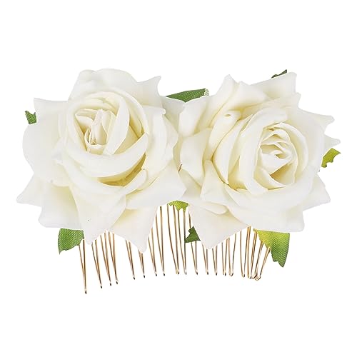 PAMINGONO 1Stk Rosenhaar Frauen Braut Haarspange Hochzeit Haarspangen Haarspange mit Rosenblüten Damen Haarkamm haarschmuck haarsschmuck Hochzeit Haarkamm braut kopfschmuck Stoff Weiß von PAMINGONO