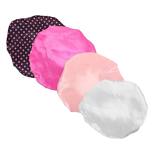 PAMINGONO 4 Stück Teiliges Wasserdichte Duschhauben für Damen Multifunktionale Haarkappen Wassermelonenrot Punkten für Bad Pflege und Schlaf zur Haarschutz von PAMINGONO