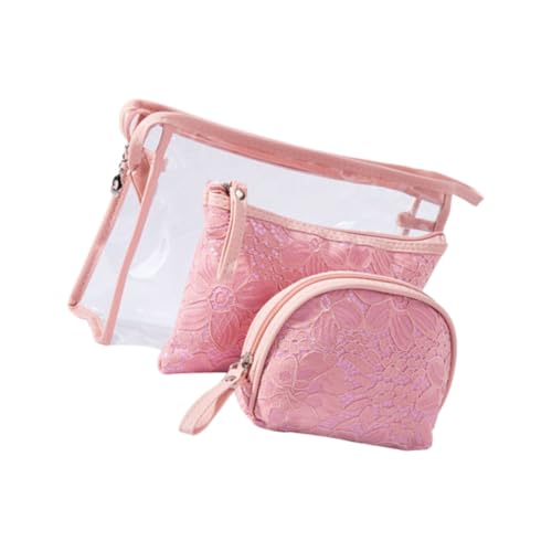 PAMINGONO 3stücke Teiliges Set Kosmetiktasche Aus PVC Mit Spitze Tragbare Make-up-Tasche Für Toilettenartikel Und Kosmetik Rosa Organizer Für Reisen Und Alltag von PAMINGONO