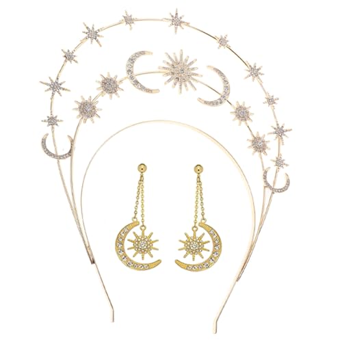 PAMINGONO Star And Moon Bridal Crown Dreistufiges Goldfarbenes Stern Mond Haarband mit Ohrringen Eleganter Hochzeitsschmuck für Damen und Mädchen Festliches Göttinnen Tiara Accessoire von PAMINGONO