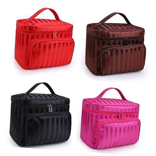 PAMINGONO Make-up-Organizer wasserdichte Reisetasche kompaktes Etui mit Reißverschluss kratzfestes Nylon Koreanisches Streifendesign Kaffee von PAMINGONO