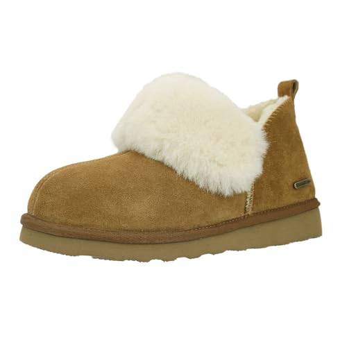 PAMIR Damen Wildleder Shearling Knöchel Mokassin Hausschuhe Slipper Memory Foam Indoor Outdoor, Gelb (kastanienbraun), 38 EU von PAMIR