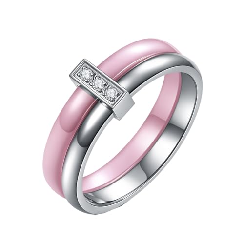 PAMTIER 6mm Damen Keramik Ring mit kubischen Zirkonia Edelstahl Keramik 2 in 1 Ring Patchwork poliert Hochzeit Band Silber + Rosa Größe 57 (18.1) von PAMTIER