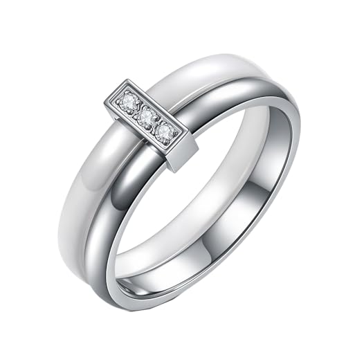 PAMTIER 6mm Damen Keramik Ring mit kubischen Zirkonia Edelstahl Keramik 2 in 1 Ring Patchwork poliert Hochzeit Band Silber + Weiß Größe 54 (17.2) von PAMTIER