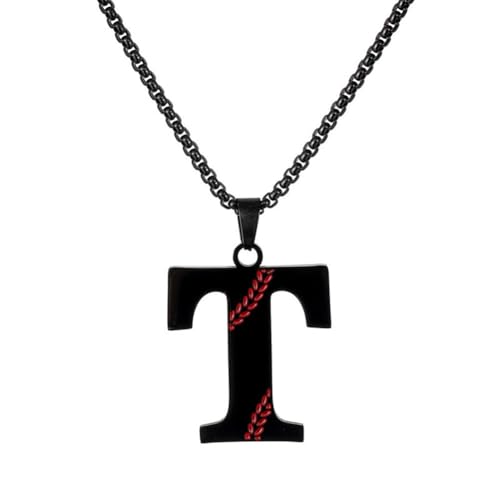 PAMTIER Baseball Initial Halskette für Männer A-Z Anhänger Edelstahl Zierlich Personalisierte Statement Alphabet Einfach Cooler Buchstabe Schmuck Schwarz Brief T von PAMTIER