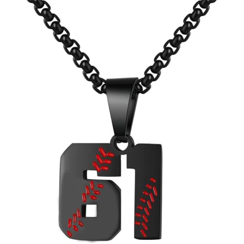 PAMTIER Baseball Trikot Nummer Halskette für Männer und Frauen Athleten Edelstahl 00-99 Anhänger Kette Personalisiert Einfach Statement Schmuck Schwarz Anzahl 61 von PAMTIER