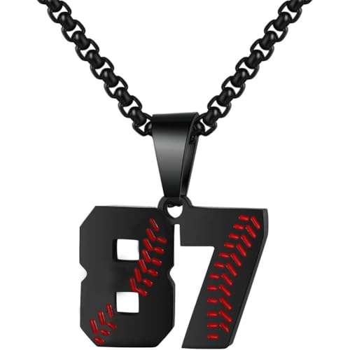 PAMTIER Baseball Trikot Nummer Halskette für Männer und Frauen Athleten Edelstahl 00-99 Anhänger Kette Personalisiert Einfach Statement Schmuck Schwarz Anzahl 87 von PAMTIER