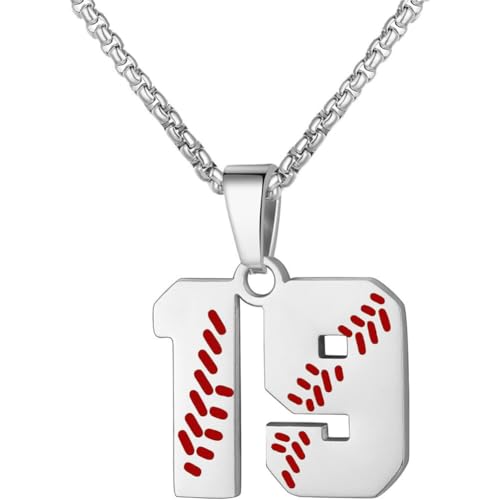 PAMTIER Baseball Trikot Nummer Halskette für Männer und Frauen Athleten Edelstahl 00-99 Anhänger Kette Personalisiert Einfach Statement Schmuck Silber Anzahl 19 von PAMTIER