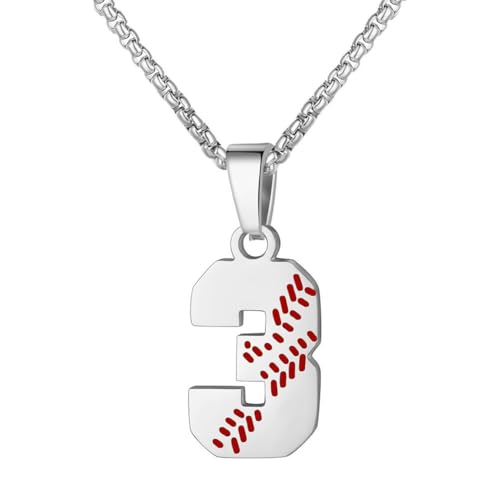 PAMTIER Baseball Trikot Nummer Halskette für Männer und Frauen Athleten Edelstahl 00-99 Anhänger Kette Personalisiert Einfach Statement Schmuck Silber Anzahl 3 von PAMTIER