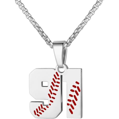 PAMTIER Baseball Trikot Nummer Halskette für Männer und Frauen Athleten Edelstahl 00-99 Anhänger Kette Personalisiert Einfach Statement Schmuck Silber Anzahl 91 von PAMTIER