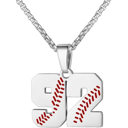 PAMTIER Baseball Trikot Nummer Halskette für Männer und Frauen Athleten Edelstahl 00-99 Anhänger Kette Personalisiert Einfach Statement Schmuck Silber Anzahl 92 von PAMTIER