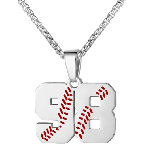 PAMTIER Baseball Trikot Nummer Halskette für Männer und Frauen Athleten Edelstahl 00-99 Anhänger Kette Personalisiert Einfach Statement Schmuck Silber Anzahl 98 von PAMTIER