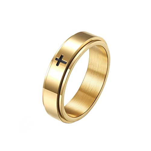 PAMTIER Damen Edelstahl Drehbarer Kreuz Angst Ring Spinning Christ Schmuck 6mm Band Einfach Gold Größe 54 von PAMTIER