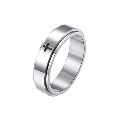 PAMTIER Damen Edelstahl Drehbarer Kreuz Angst Ring Spinning Christ Schmuck 6mm Band Einfach Silber Größe 50 von PAMTIER