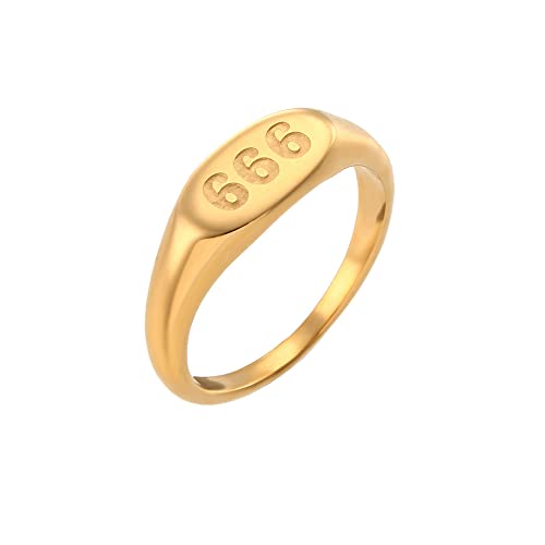 PAMTIER Damen Edelstahl Engel Nummer 666 Siegel Ring Vergoldet Oval Geformt Minimalistische Aussage Band Größe 57 von PAMTIER
