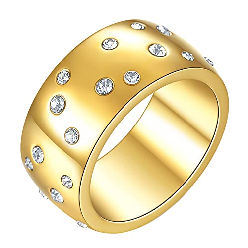 PAMTIER Damen Edelstahl Eternity Statement Starry Ring mit Cubic Zirkonia 10MM Breiter Ehering Gold Größe 52 von PAMTIER