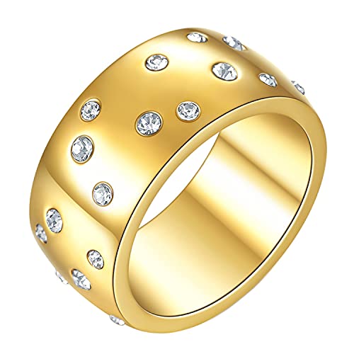 PAMTIER Damen Edelstahl Eternity Statement Starry Ring mit Cubic Zirkonia 10MM Breiter Ehering Gold Größe 60 von PAMTIER