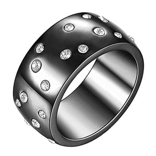 PAMTIER Damen Edelstahl Eternity Statement Starry Ring mit Cubic Zirkonia 10MM Breiter Ehering Schwarz Größe 60 von PAMTIER