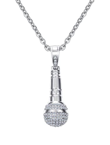 PAMTIER Damen Edelstahl Halskette mit Mikrofon Akzent Und Zirkonia Anhänger Charm mit Kette Silber von PAMTIER