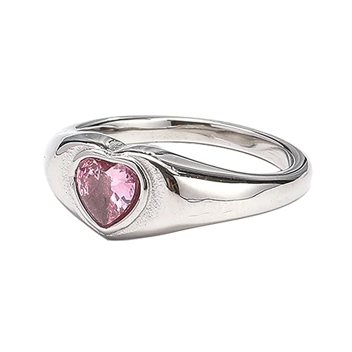 PAMTIER Damen Edelstahl Herz Siegel Pinky Ring mit Cubic Zirkonia Versprechen Minimalist Ehering Silber Rosa Größe 54 von PAMTIER