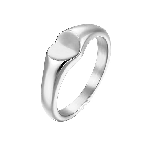 PAMTIER Damen Edelstahl Herz Siegelring Minimalistisches Statement Ehering Kleiner Finger Ringe Silber Größe 60 von PAMTIER