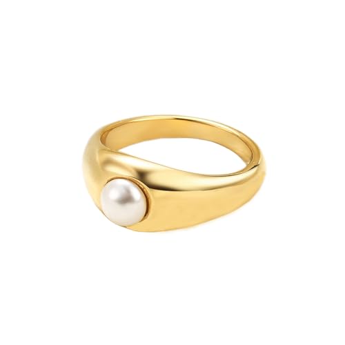 PAMTIER Damen Edelstahl Minimalistische simulierte Perle Aussage Ringe Schmuck stapelbar Gold Größe 52 (16.6) von PAMTIER