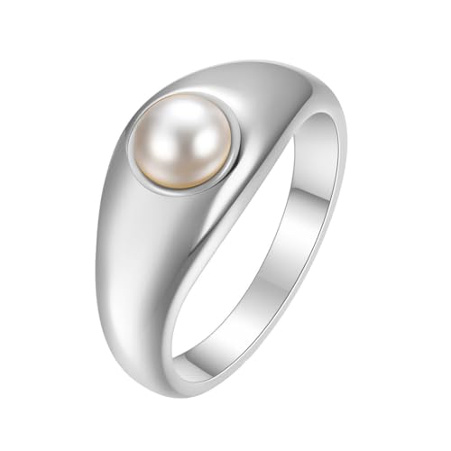 PAMTIER Damen Edelstahl Minimalistische simulierte Perle Aussage Ringe Schmuck stapelbar Silber Größe 54 (17.2) von PAMTIER