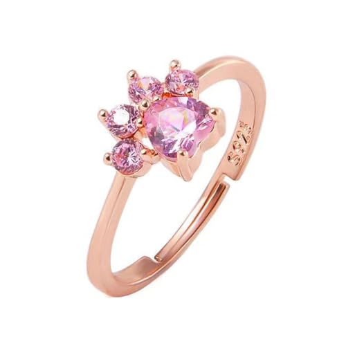 PAMTIER Damen Edelstahl Ring Niedliche Katze Hund Pfote Print Eheringe Cubic Zirkonia Verstellbarer Ring für Welpenliebhaber Rose Gold von PAMTIER