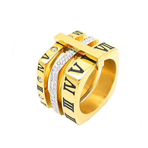 PAMTIER Damen Edelstahlring Quadratisch Style mit Römischen Ziffern aus Zirkonia 3 in 1 Ring Gold Größe 60 (19.1) von PAMTIER